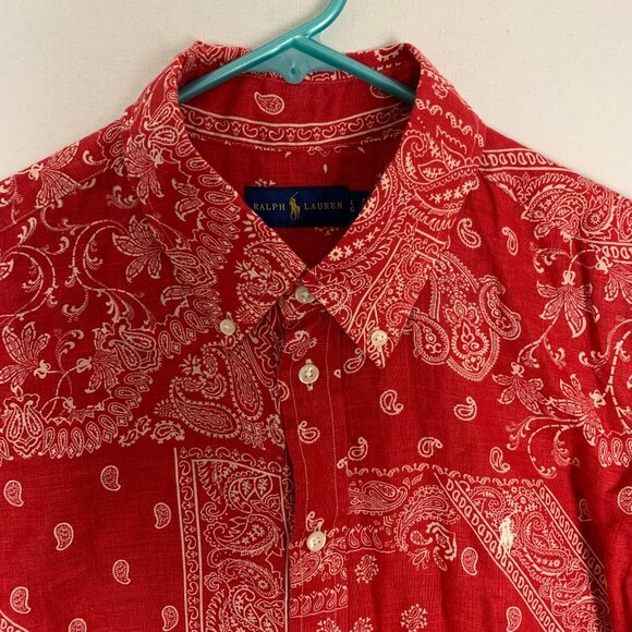Ralph Lauren Red Bandana Paisley Linen Button-up Shirt Large - Picture 2 of 11